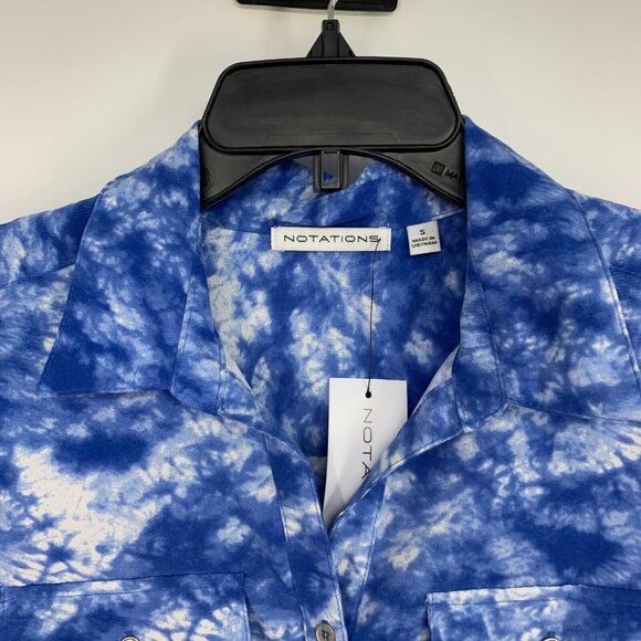 Notations Top Blue Tie Dye Button Down Roll Tab Sleeve NWT - Picture 2 of 9
